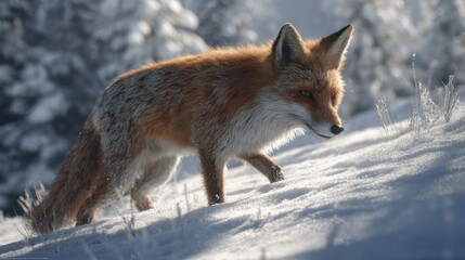 Obraz premium a single red fox is the main focus, captured in motion as it runs through a snowy landscape
