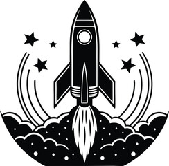Black & White Rocket Launch Illustration for Space-Themed Content