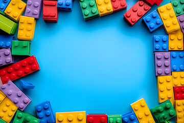 Obraz premium Colorful lego style block frame on blue background for creative design