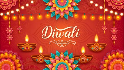 Diwali greeting card with glowing diya lamps and colorful floral rangoli design 