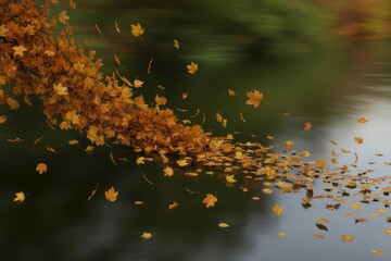 Autumn leaves falling on water surface with blurred background