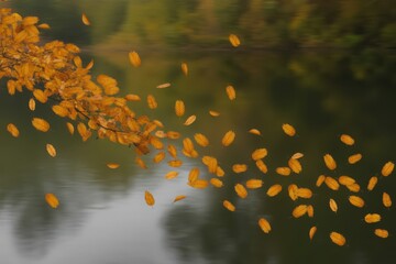 Autumn leaves falling from a tree branch into the water of a lake