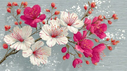 An artistic illustration of a flowering branch with vibrant pink and delicate white blossoms on a textured, light blue background.