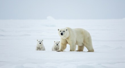 A polar bear stands with two cubs in a snowy landscape