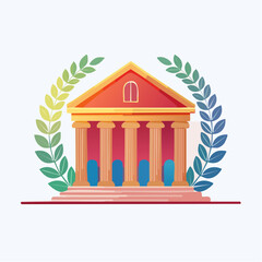 Abstract architectural facade with ionic columns and laurel wreath in gradient colors