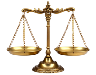 Traditional Brass Justice Scales with Ornate Base and Balanced Plates, Front View, Transparent Background