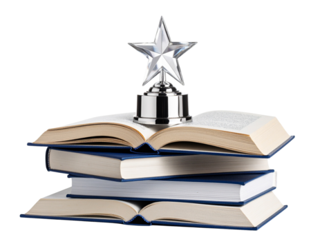  Crystal Star Trophy Balanced on Open Books with Pages Curved Up, Side Perspective, Transparent PNG