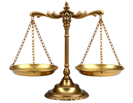 Traditional Brass Justice Scales with Ornate Base and Balanced Plates, Front View, Transparent Background