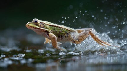 Obraz premium a small green frog in motion across raindrops splattered water