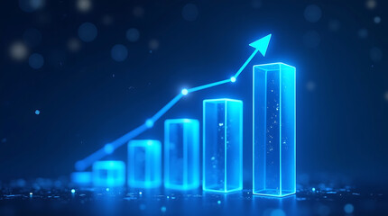 Blue glowing bar graph with an upward trending line and arrow against a dark background chart data