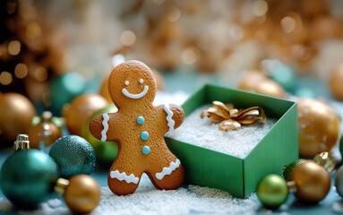 New Year decor gingerbread man Christmas cookie green gift box on a blue background, text "Merry Christmas". 3D rendering New Year, copy space, banner, greeting, mockup