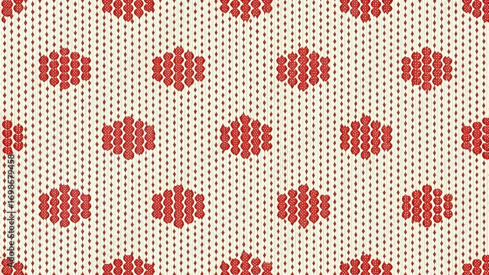 Poster intricate red and cream textile pattern with repeated geometric designs featuring clusters of small 