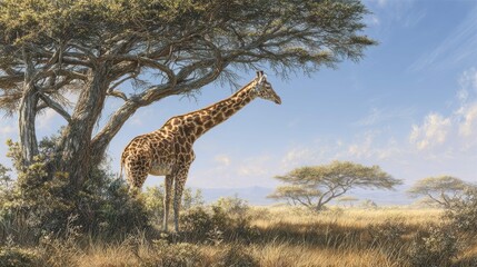 Obraz premium a serene wildlife scene featuring a majestic giraffe standing amidst tall grasses under a clear sky
