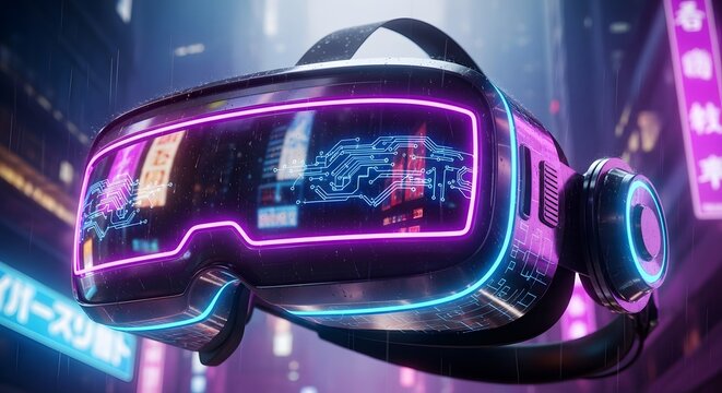 A black VR headset with neon pink and blue accents reflects a futuristic cityscape with bright lights and signs. - Powered by Adobe