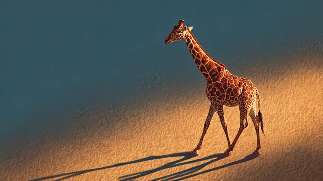 a solitary giraffe standing in silhouette against a warm sunset backdrop on a sandy beach - Powered by Adobe