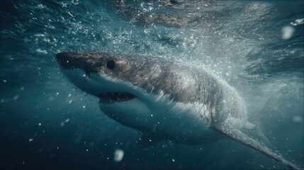 Fototapeta premium a close up view of a shark swimming in the ocean. the shark is moving through the water, with bubbles visible around it