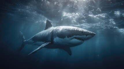 Fototapeta premium an underwater scene featuring a large shark swimming in front of its younger counterpart. both sharks are captured amidst bubbles, suggesting motion through water