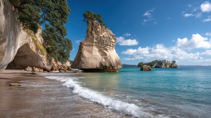 The image captures a stunning coastal landscape featuring dramatic limestone rock formations jutting out of the turquoise ocean. A sandy beach stretches along the base of the cliffs,