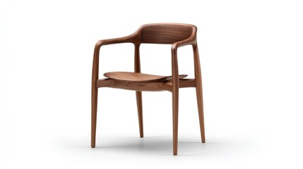 Fototapeta premium A sleek, modern wooden chair stands prominently against a bright white background. The chair features a warm, rich brown wood finish, showcasing smooth, curved lines and a minimalist design. 
