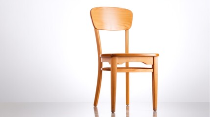 A single, light-colored wooden chair stands prominently against a stark white background. The chair features a classic design with curved legs, a rounded backrest, and a simple seat. 