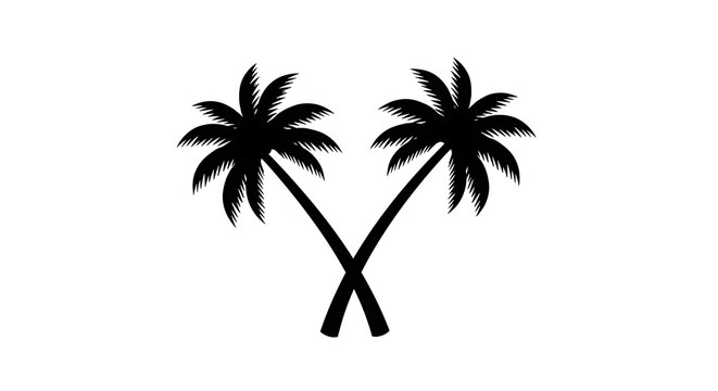 Black silhouette of two crossed tropical palm trees isolated on a white background.