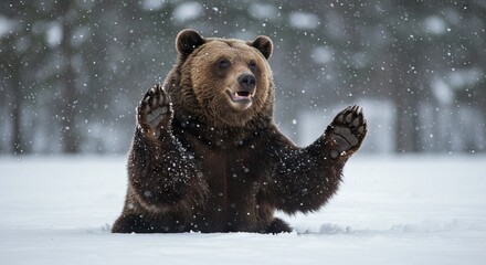 A brown bear sitting in snow with raised paws in a forest with falling snow