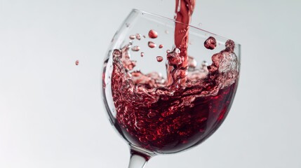 A glass wine glass pours red wine, creating a dynamic splash of liquid. The wine cascades dramatically from the glass, forming a vibrant pattern of droplets and ripples against