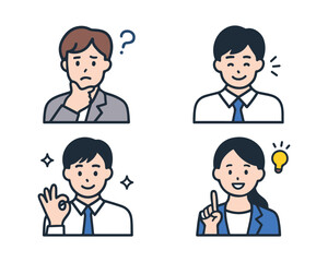 Color business expression icons of a young office worker, worrying and solving problems