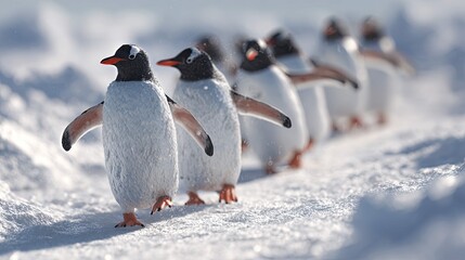 a group of penguins walking across a snow covered landscape with their feet raised as if in mid stride