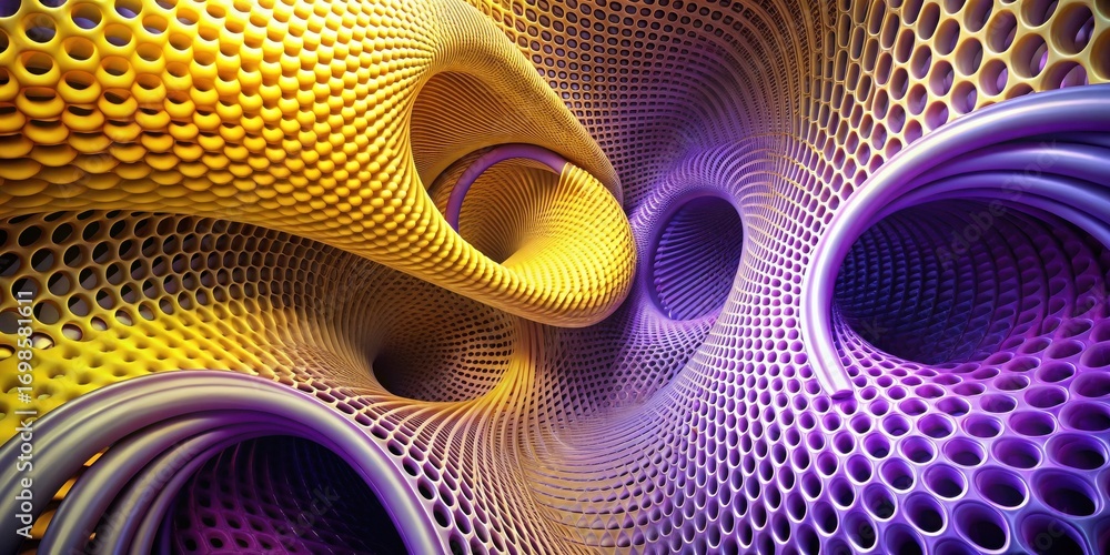 Poster abstract swirling network of perforated tubes in vibrant gold and purple hues, creating a mesmerizin