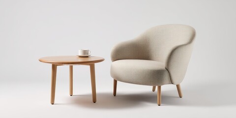 Fototapeta premium A softly lit, minimalist interior scene features a comfortable armchair and a small side table. The armchair is upholstered in a textured, beige fabric with rounded edges and a deep seat. 