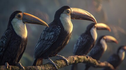 Fototapeta premium three bird like characters with distinctive beaks and feathers standing in a line, perched atop what appears to be a log or branch