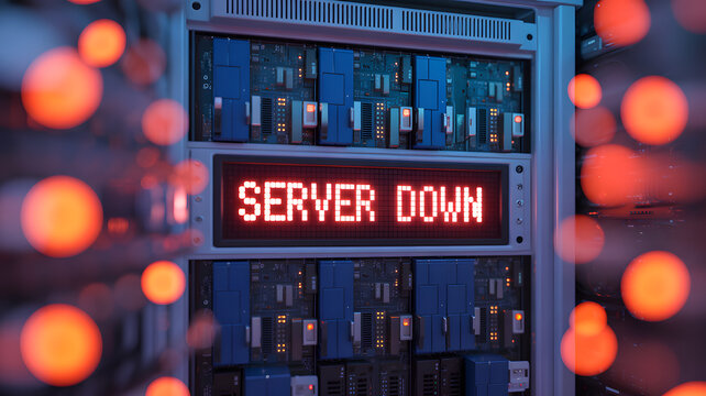 Server Down: A server rack displays a server down warning message. A visual representation of technology malfunctioning