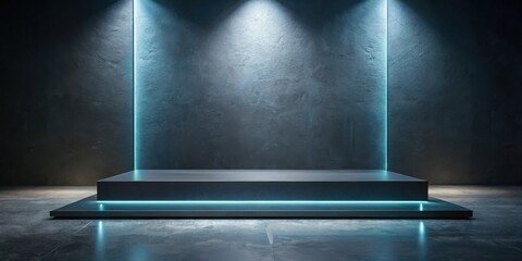 Elevated Platform with Neon Accents in a Dark Industrial Setting
