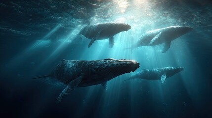 two large marine mammals swimming underwater. they are surrounded by a light blue ocean floor and appear to be in motion, with their fins trailing behind them