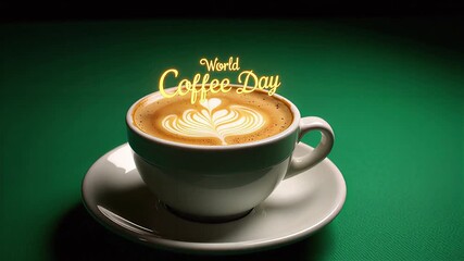 Warm, frothy latte art celebrates World Coffee Day with a touch of golden glow.