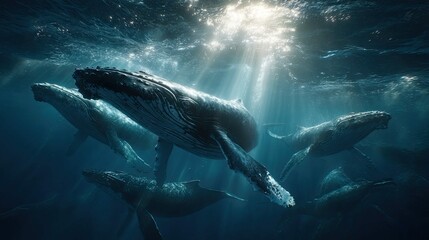 a group of whales swimming together in an underwater setting. the whales are shown from above, their bodies gracefully through the water