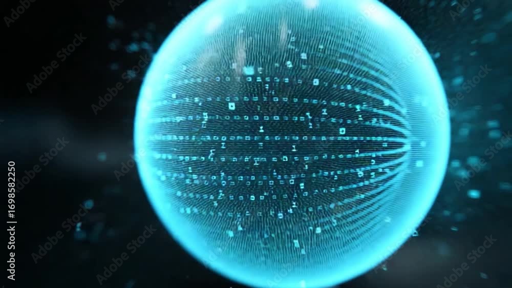 Poster cyber sphere: a digital orb pulsating with luminescent light, intricate data pathways crisscrossing 