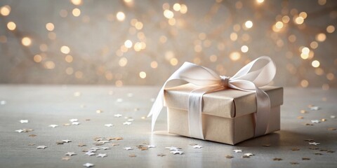 A luxuriously wrapped gift box with a delicate satin ribbon sits amidst scattered star-shaped confetti, bathed in the soft glow of ambient lighting.
