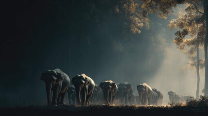 a herd of cows traversing a forested path under the sunlight filtering through trees