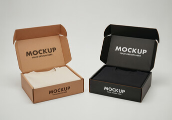 Folded T-Shirt Packaging Mockup in Kraft and Black Cardboard Boxes