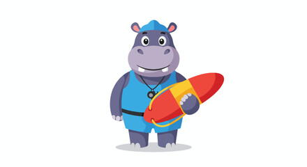 Cartoon lifeguard hippo holding a red and yellow float