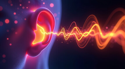 Close-up of a Human Ear Receiving Vibrant Orange Sound Waves and Light Particles hearing audio