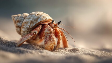 a hermit crab positioned centrally, with its shell prominently visible against a sandy backdrop. it appears to be exploring a beach environment