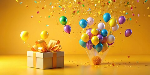 Celebration Surprise A Gift Box and a Burst of Colorful Balloons Amidst Falling Confetti on a Vibrant Yellow Background