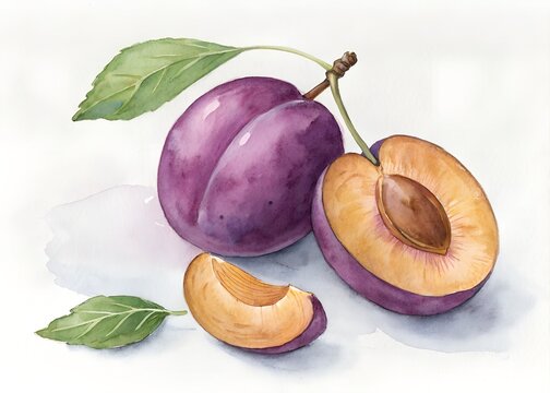 Watercolor painting of two plums, one cut in half, isolated on white background
