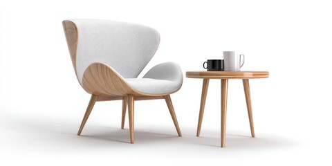 A minimalist interior scene features a comfortable, light gray armchair with a curved back and wooden legs. A small, round side table with wooden legs sits beside the chair, holding a black mug