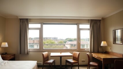 Fototapeta premium A hotel room with a large window overlooking a tranquil cityscape, showcasing warm neutral colors and inviting furnishings.