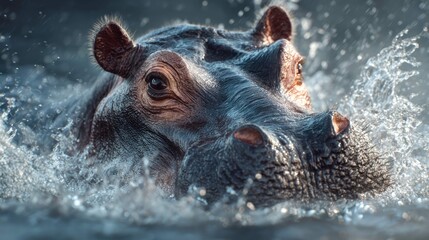 Fototapeta premium a moment in the life of a hippopotamus swimming in water with splashes around it