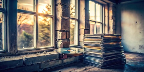 Dusty Window, Stacked Discs, and a Single Record in a Sunlit Room